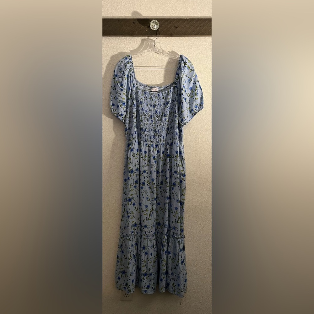 Place Mommy Smocked Blue Floral Dress Puffy Sleeves Size XXL